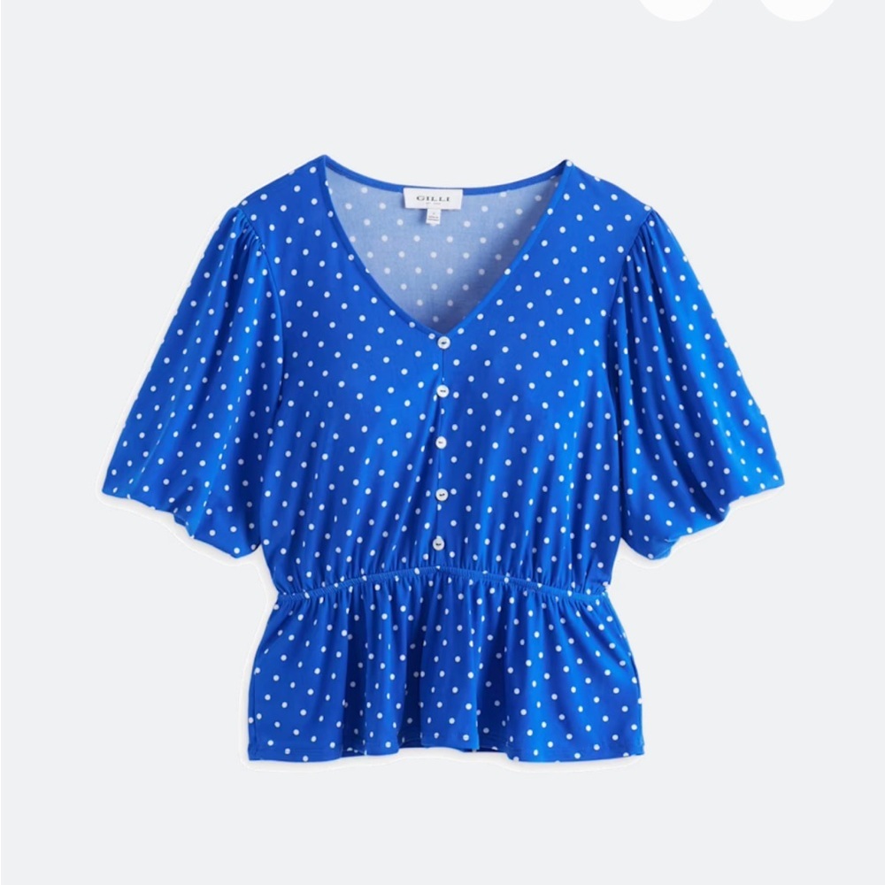 NWT Gilli Keira Flutter Sleeve Button Front Peplum Knit Top. Size XXL. Polka dot